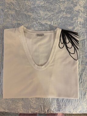 Brunello Cucinelli White Capsleeve V-Neck Tee with Black Bead Shoulder Detail,